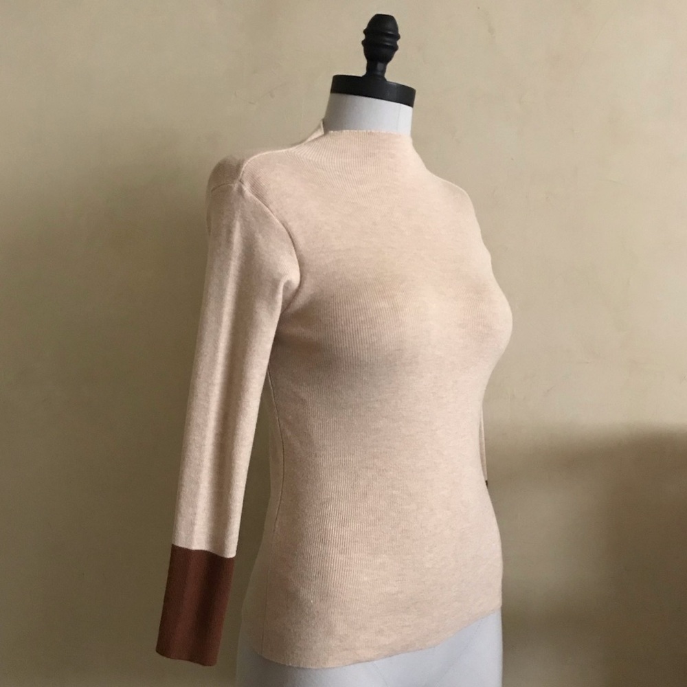 Beige Knit Top with Color Block Sleeves - Picture 3 of 6